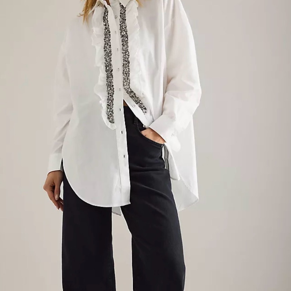 Pilcro Anthropologie Ruffle Embellished White Button Down Blouse Small NWT